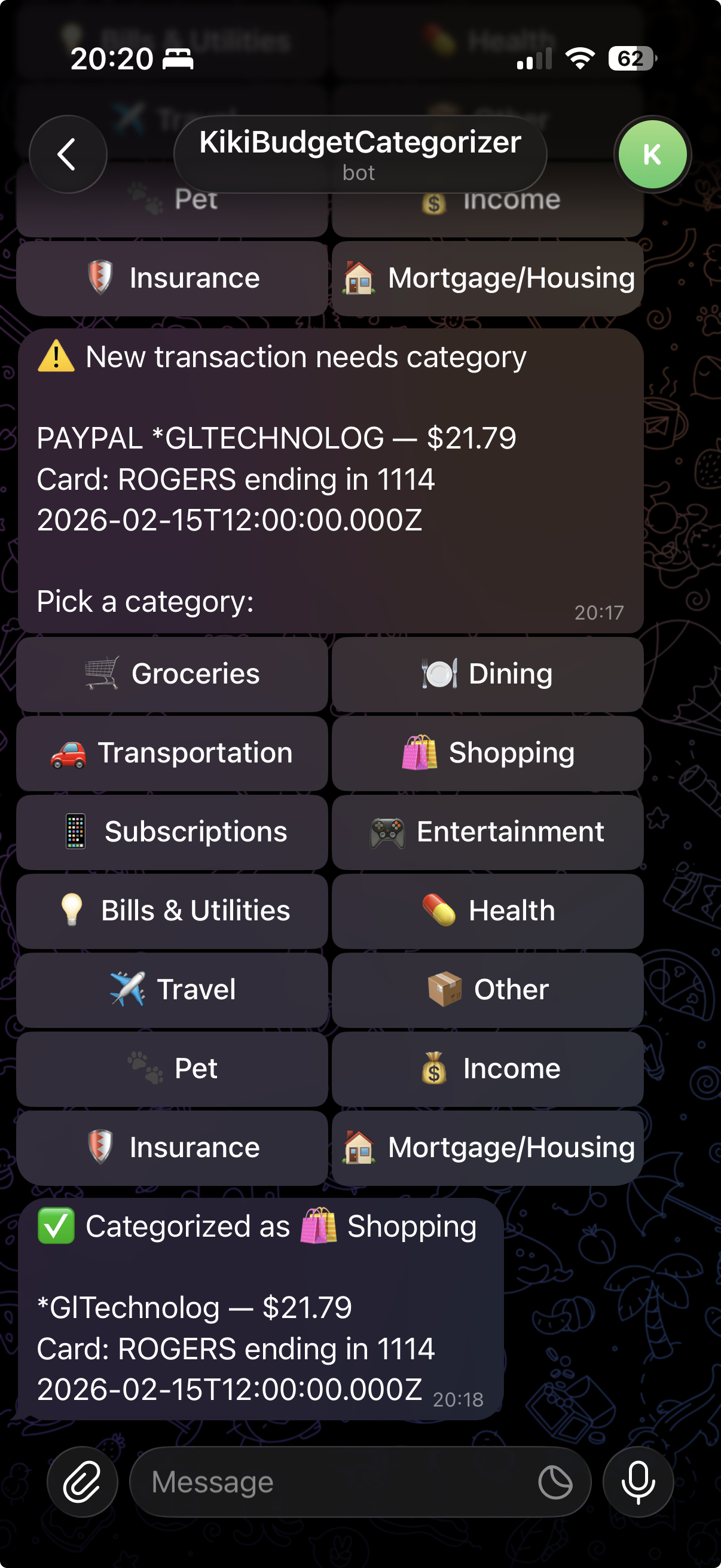 Telegram message with inline buttons for every category